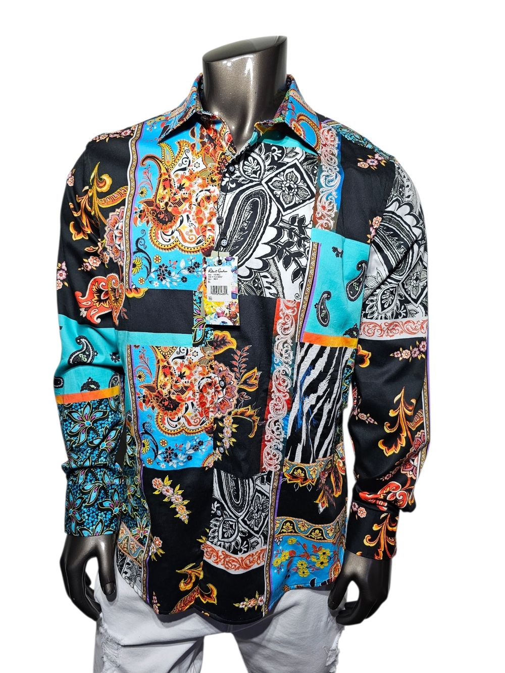 Robert Graham Black & Turquoise Patchwork Print Button-Down Shirt - Picture 4 of 6